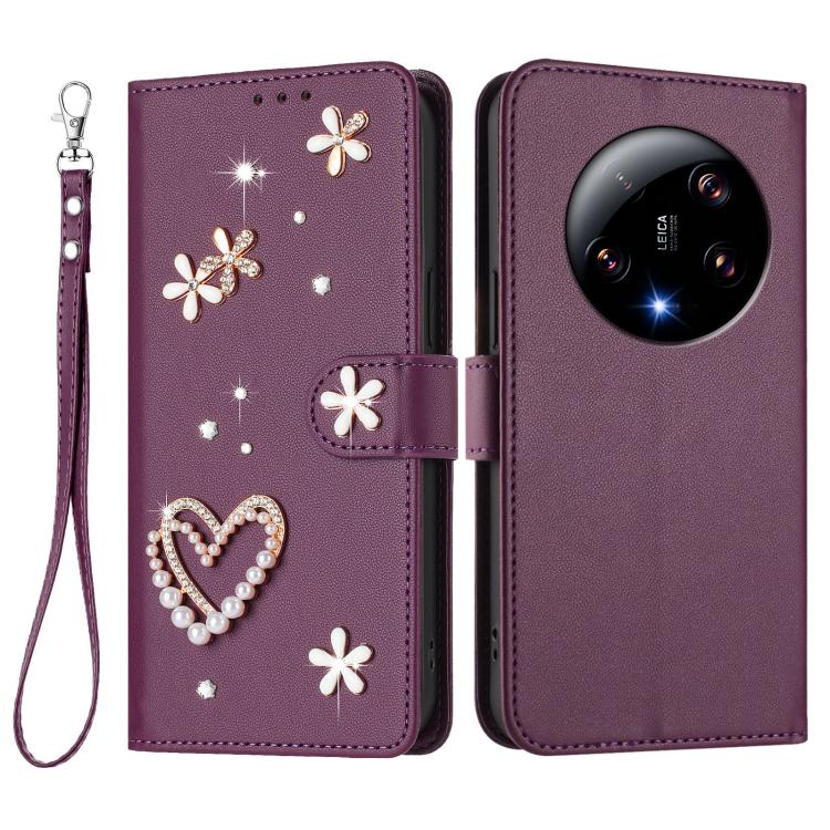 For Xiaomi 13 Ultra 5G ZS01 Double-Layer Heart Floral Vegan Leather Phone Case with Wrist Strap