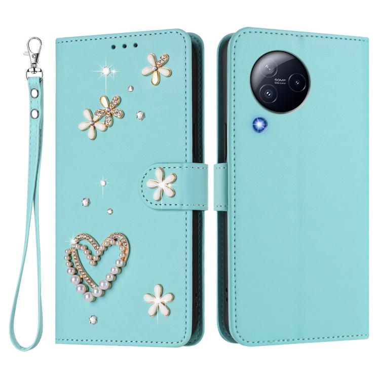 For Xiaomi Civi 3 ZS01 Double-Layer Heart Floral Vegan Leather Phone Case with Wrist Strap