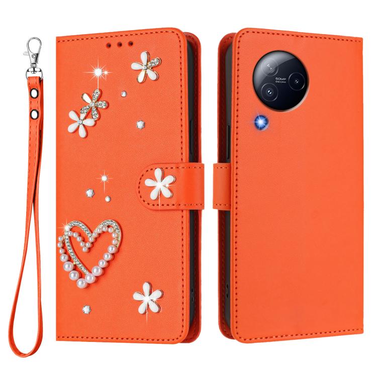 For Xiaomi Civi 3 ZS01 Double-Layer Heart Floral Vegan Leather Phone Case with Wrist Strap
