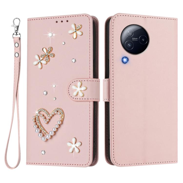For Xiaomi Civi 3 ZS01 Double-Layer Heart Floral Vegan Leather Phone Case with Wrist Strap