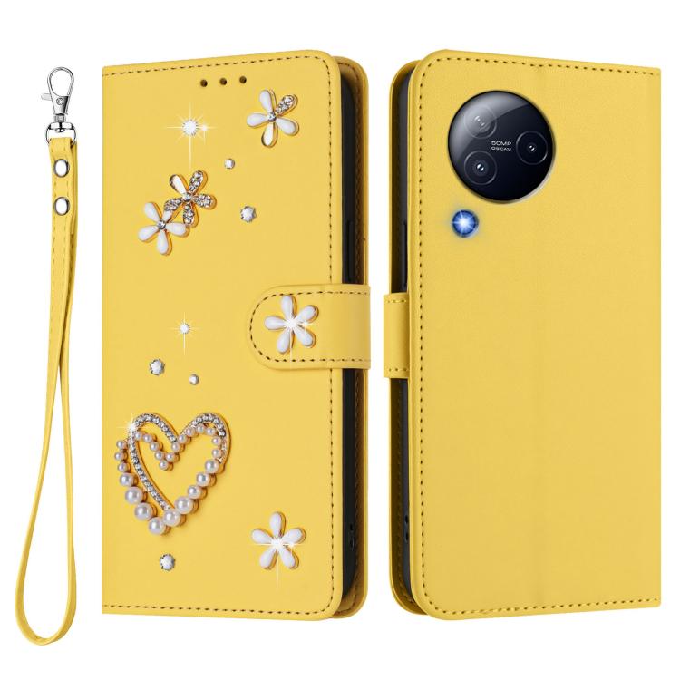 For Xiaomi Civi 3 ZS01 Double-Layer Heart Floral Vegan Leather Phone Case with Wrist Strap