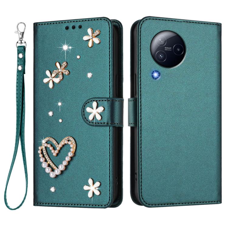 For Xiaomi Civi 3 ZS01 Double-Layer Heart Floral Vegan Leather Phone Case with Wrist Strap