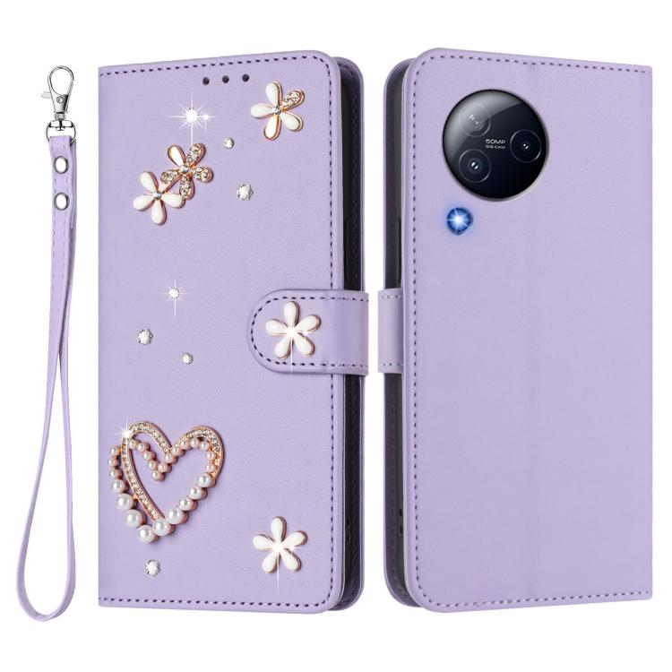 For Xiaomi Civi 3 ZS01 Double-Layer Heart Floral Vegan Leather Phone Case with Wrist Strap