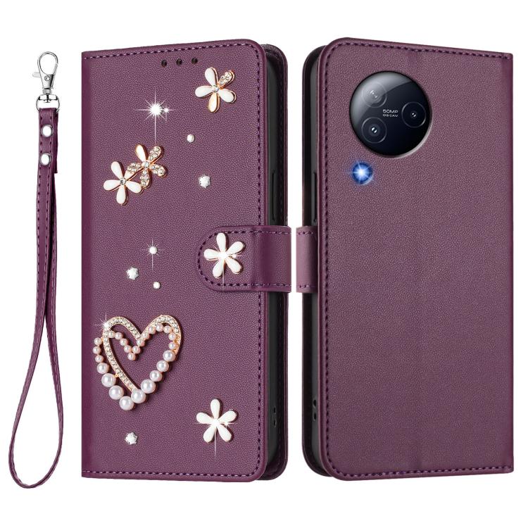 For Xiaomi Civi 3 ZS01 Double-Layer Heart Floral Vegan Leather Phone Case with Wrist Strap
