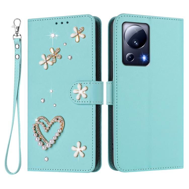 For Xiaomi 13 Lite 5G / Civi 2 ZS01 Double-Layer Heart Floral Vegan Leather Phone Case with Wrist Strap