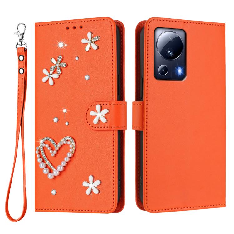 For Xiaomi 13 Lite 5G / Civi 2 ZS01 Double-Layer Heart Floral Vegan Leather Phone Case with Wrist Strap