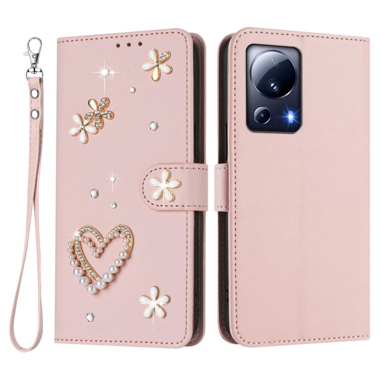 For Xiaomi 13 Lite 5G / Civi 2 ZS01 Double-Layer Heart Floral Vegan Leather Phone Case with Wrist Strap
