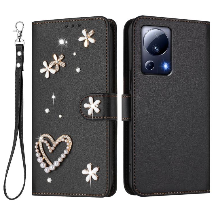 For Xiaomi 13 Lite 5G / Civi 2 ZS01 Double-Layer Heart Floral Vegan Leather Phone Case with Wrist Strap