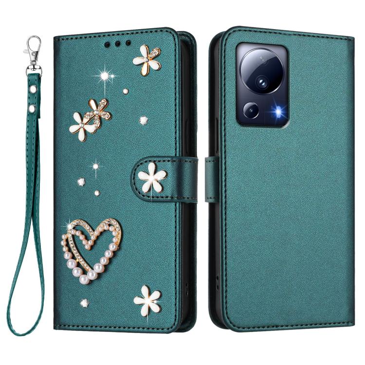 For Xiaomi 13 Lite 5G / Civi 2 ZS01 Double-Layer Heart Floral Vegan Leather Phone Case with Wrist Strap