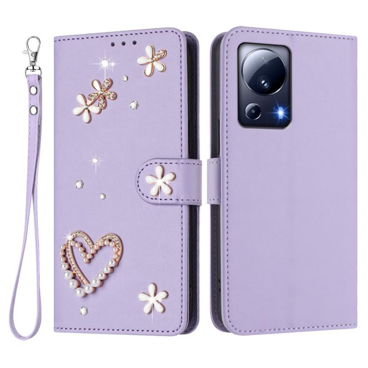 For Xiaomi 13 Lite 5G / Civi 2 ZS01 Double-Layer Heart Floral Vegan Leather Phone Case with Wrist Strap