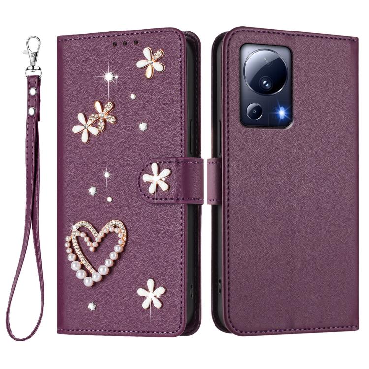 For Xiaomi 13 Lite 5G / Civi 2 ZS01 Double-Layer Heart Floral Vegan Leather Phone Case with Wrist Strap