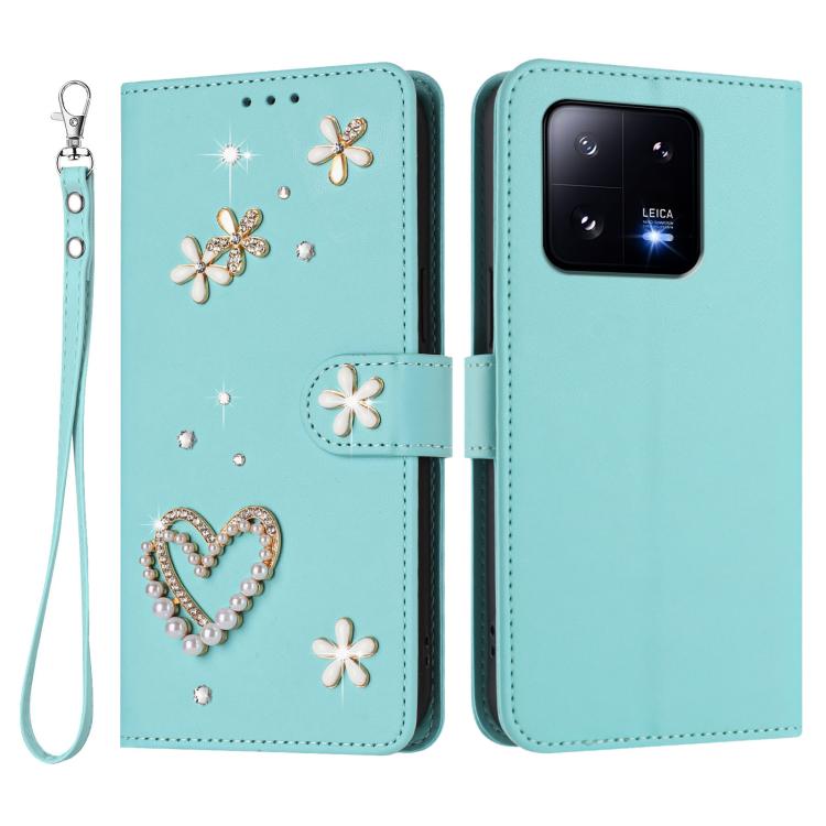 For Xiaomi 13 Pro 5G ZS01 Double-Layer Heart Floral Vegan Leather Phone Case with Wrist Strap
