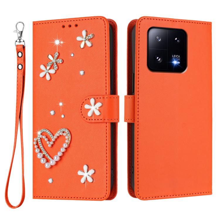 For Xiaomi 13 Pro 5G ZS01 Double-Layer Heart Floral Vegan Leather Phone Case with Wrist Strap