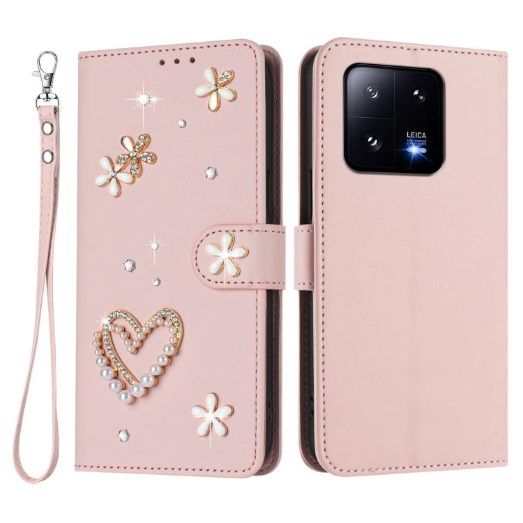 For Xiaomi 13 Pro 5G ZS01 Double-Layer Heart Floral Vegan Leather Phone Case with Wrist Strap