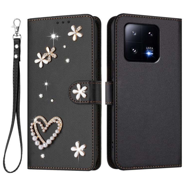 For Xiaomi 13 Pro 5G ZS01 Double-Layer Heart Floral Vegan Leather Phone Case with Wrist Strap