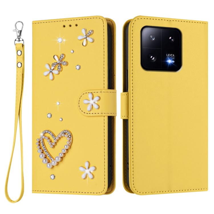 For Xiaomi 13 Pro 5G ZS01 Double-Layer Heart Floral Vegan Leather Phone Case with Wrist Strap