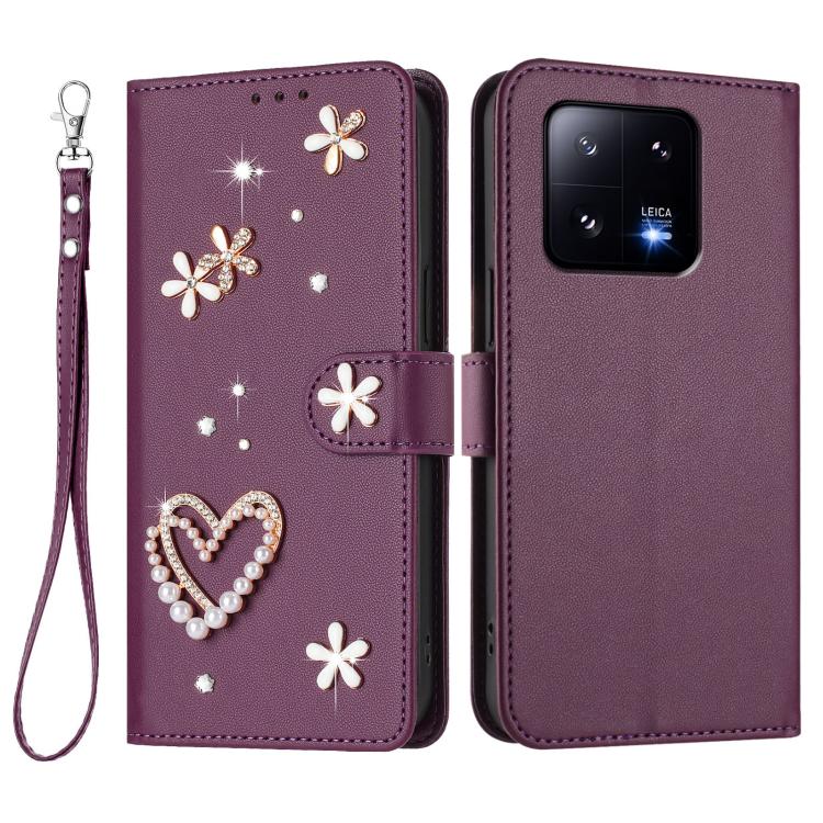 For Xiaomi 13 Pro 5G ZS01 Double-Layer Heart Floral Vegan Leather Phone Case with Wrist Strap