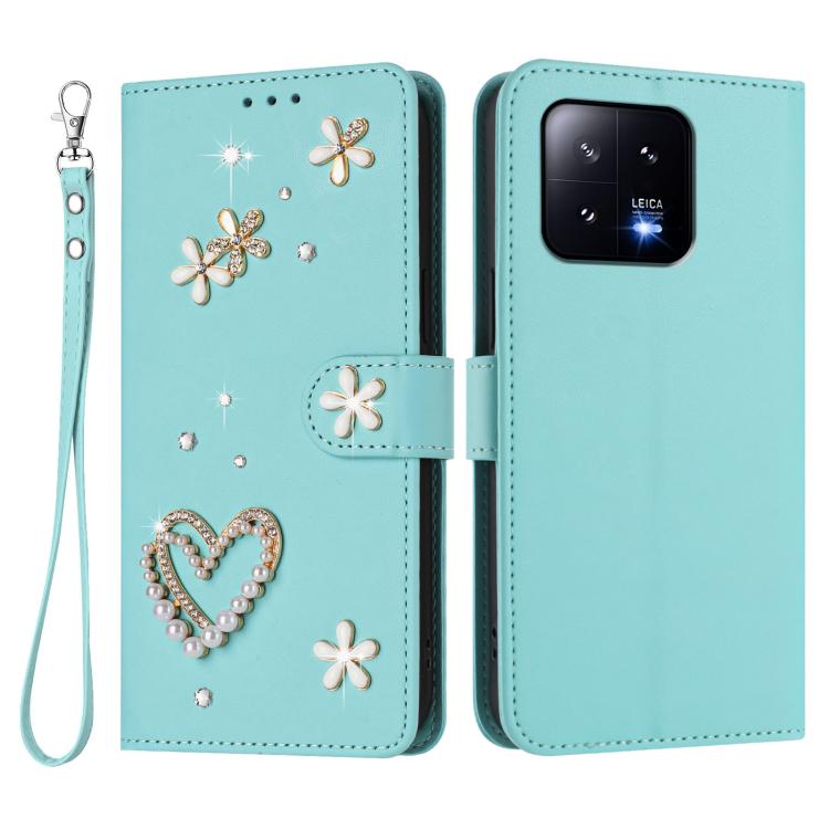 For Xiaomi 13 5G ZS01 Double-Layer Heart Floral Vegan Leather Phone Case with Wrist Strap