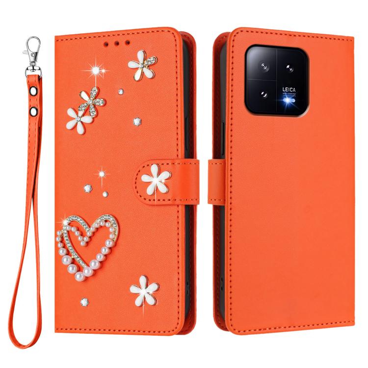 For Xiaomi 13 5G ZS01 Double-Layer Heart Floral Vegan Leather Phone Case with Wrist Strap