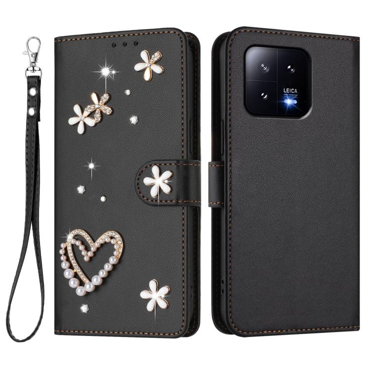 For Xiaomi 13 5G ZS01 Double-Layer Heart Floral Vegan Leather Phone Case with Wrist Strap