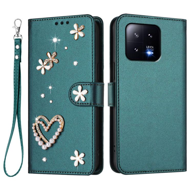 For Xiaomi 13 5G ZS01 Double-Layer Heart Floral Vegan Leather Phone Case with Wrist Strap