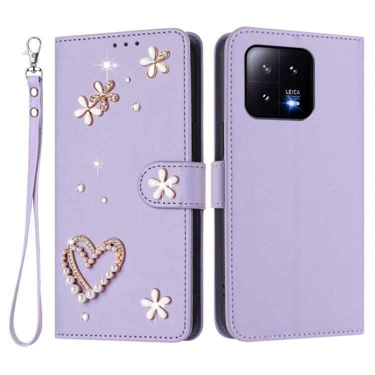 For Xiaomi 13 5G ZS01 Double-Layer Heart Floral Vegan Leather Phone Case with Wrist Strap