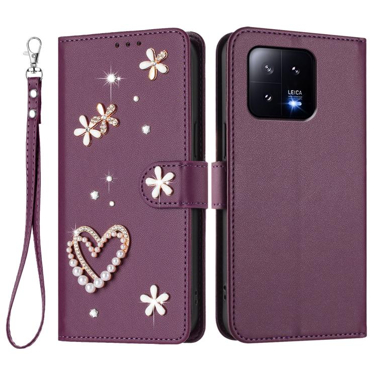 For Xiaomi 13 5G ZS01 Double-Layer Heart Floral Vegan Leather Phone Case with Wrist Strap