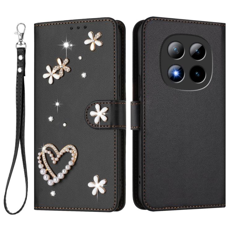 For Redmi Note 15 Pro+ 5G Global 163.3mm ZS01 Double-Layer Heart Floral Vegan Leather Phone Case with Wrist Strap