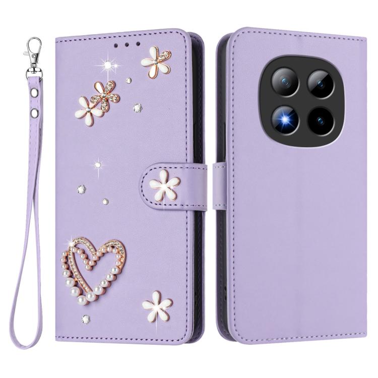 For Redmi Note 15 Pro+ 5G Global 163.3mm ZS01 Double-Layer Heart Floral Vegan Leather Phone Case with Wrist Strap