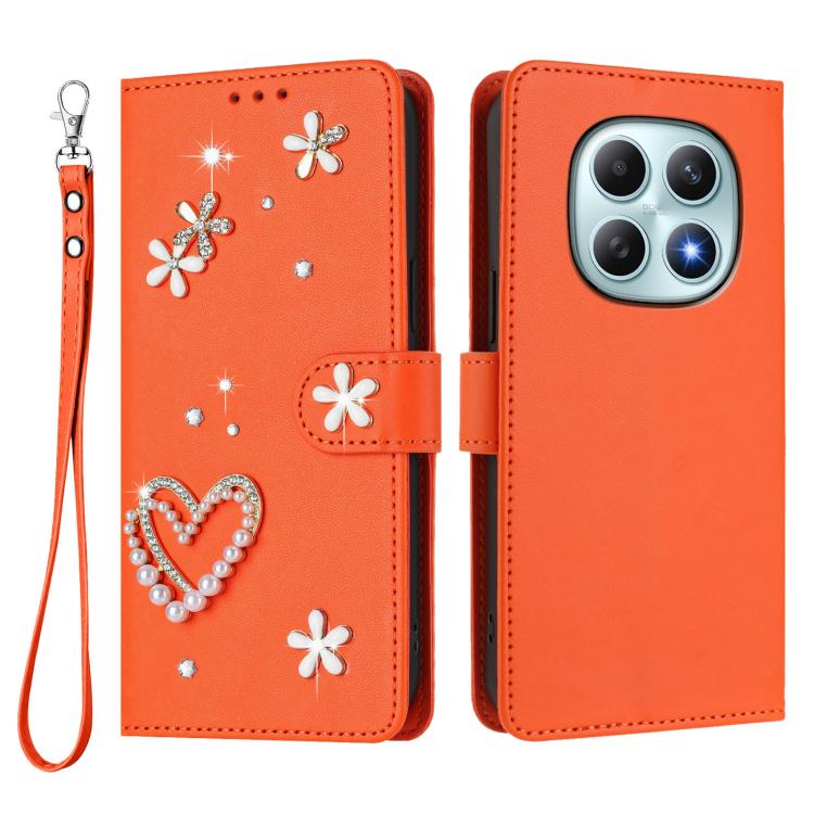 For Redmi Note 15 5G / 4G Global 164mm ZS01 Double-Layer Heart Floral Vegan Leather Phone Case with Wrist Strap