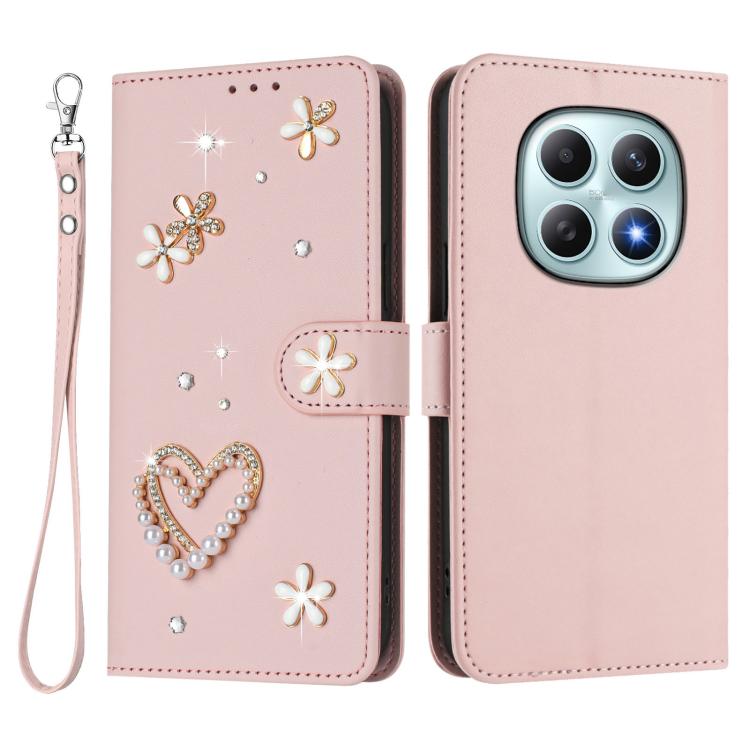 For Redmi Note 15 5G / 4G Global 164mm ZS01 Double-Layer Heart Floral Vegan Leather Phone Case with Wrist Strap