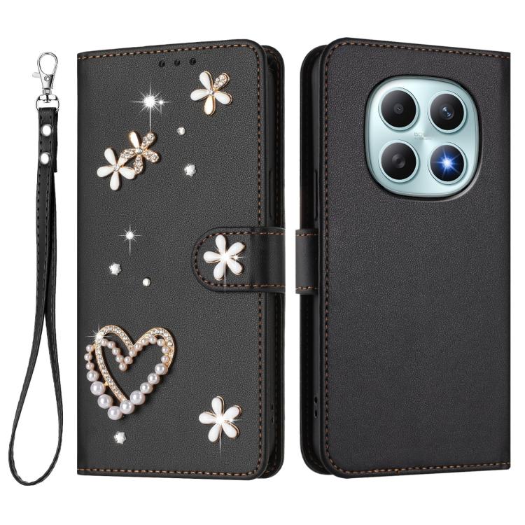 For Redmi Note 15 5G / 4G Global 164mm ZS01 Double-Layer Heart Floral Vegan Leather Phone Case with Wrist Strap