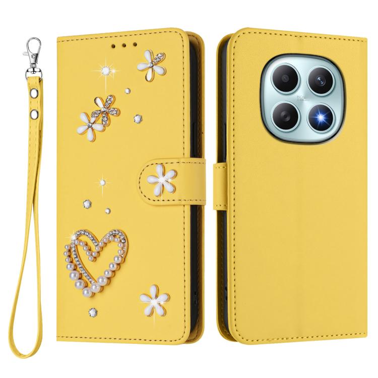 For Redmi Note 15 5G / 4G Global 164mm ZS01 Double-Layer Heart Floral Vegan Leather Phone Case with Wrist Strap