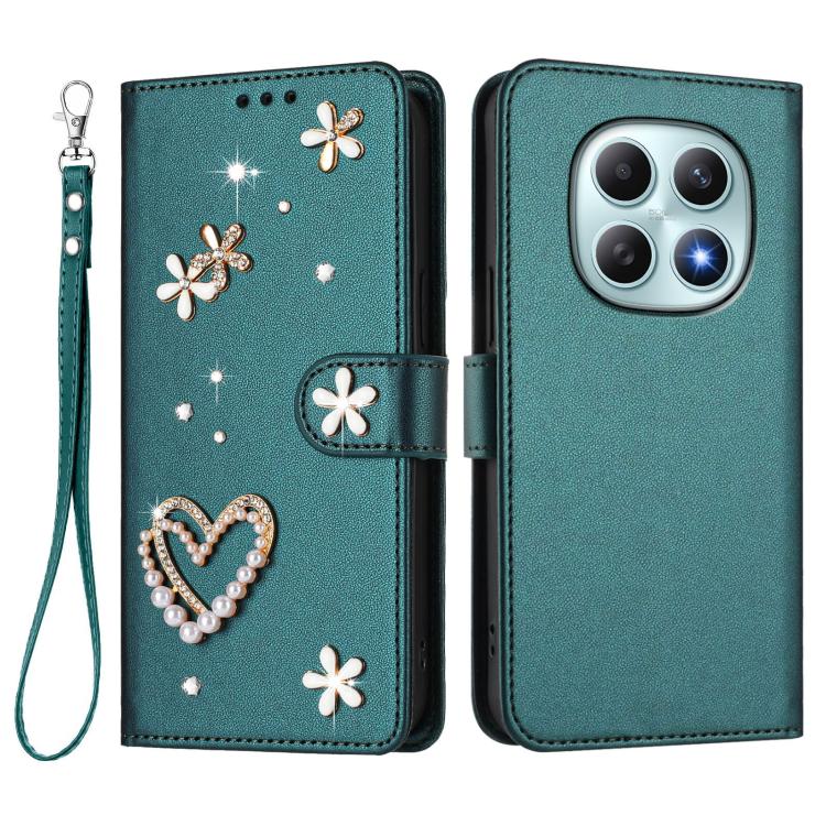 For Redmi Note 15 5G / 4G Global 164mm ZS01 Double-Layer Heart Floral Vegan Leather Phone Case with Wrist Strap