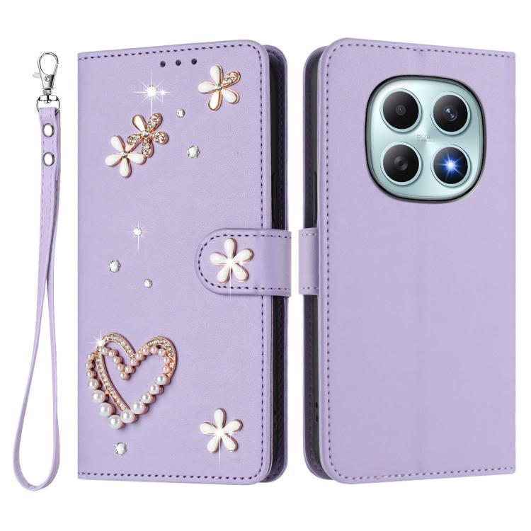 For Redmi Note 15 5G / 4G Global 164mm ZS01 Double-Layer Heart Floral Vegan Leather Phone Case with Wrist Strap
