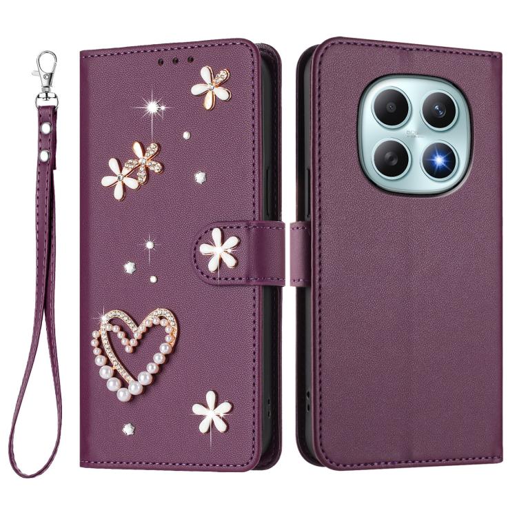 For Redmi Note 15 5G / 4G Global 164mm ZS01 Double-Layer Heart Floral Vegan Leather Phone Case with Wrist Strap