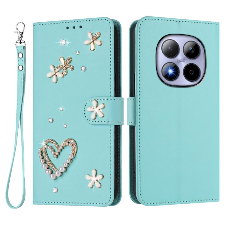 For Redmi Note 15 Pro 4G Global 163.2mm ZS01 Double-Layer Heart Floral Vegan Leather Phone Case with Wrist Strap