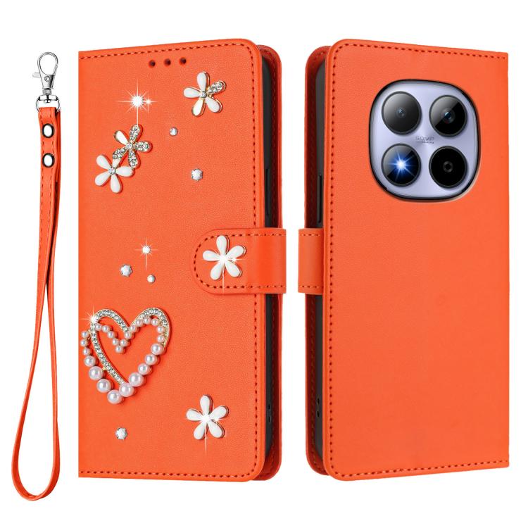 For Redmi Note 15 Pro 4G Global 163.2mm ZS01 Double-Layer Heart Floral Vegan Leather Phone Case with Wrist Strap