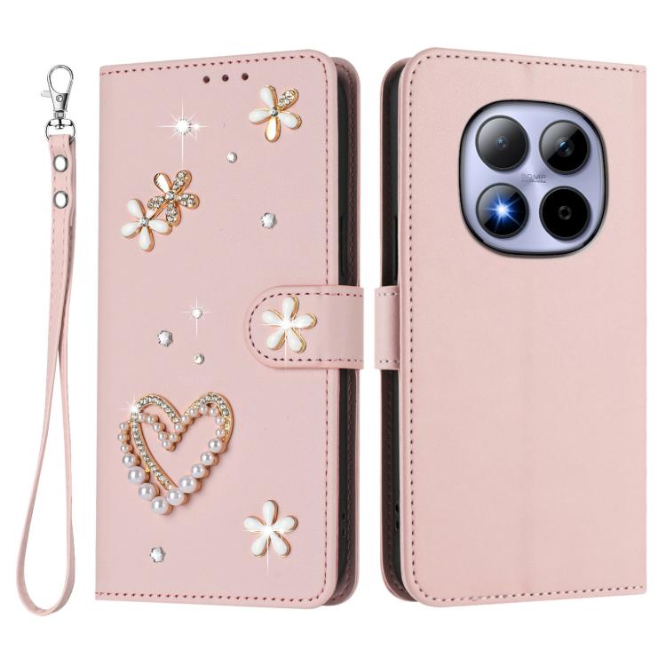 For Redmi Note 15 Pro 4G Global 163.2mm ZS01 Double-Layer Heart Floral Vegan Leather Phone Case with Wrist Strap