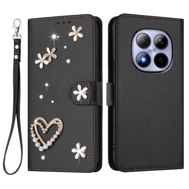 For Redmi Note 15 Pro 4G Global 163.2mm ZS01 Double-Layer Heart Floral Vegan Leather Phone Case with Wrist Strap