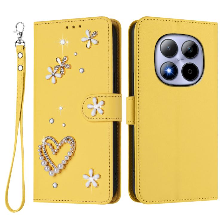 For Redmi Note 15 Pro 4G Global 163.2mm ZS01 Double-Layer Heart Floral Vegan Leather Phone Case with Wrist Strap