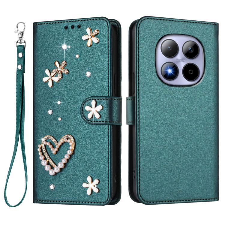 For Redmi Note 15 Pro 4G Global 163.2mm ZS01 Double-Layer Heart Floral Vegan Leather Phone Case with Wrist Strap