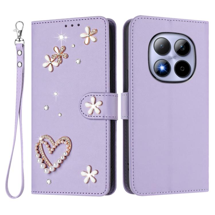 For Redmi Note 15 Pro 4G Global 163.2mm ZS01 Double-Layer Heart Floral Vegan Leather Phone Case with Wrist Strap