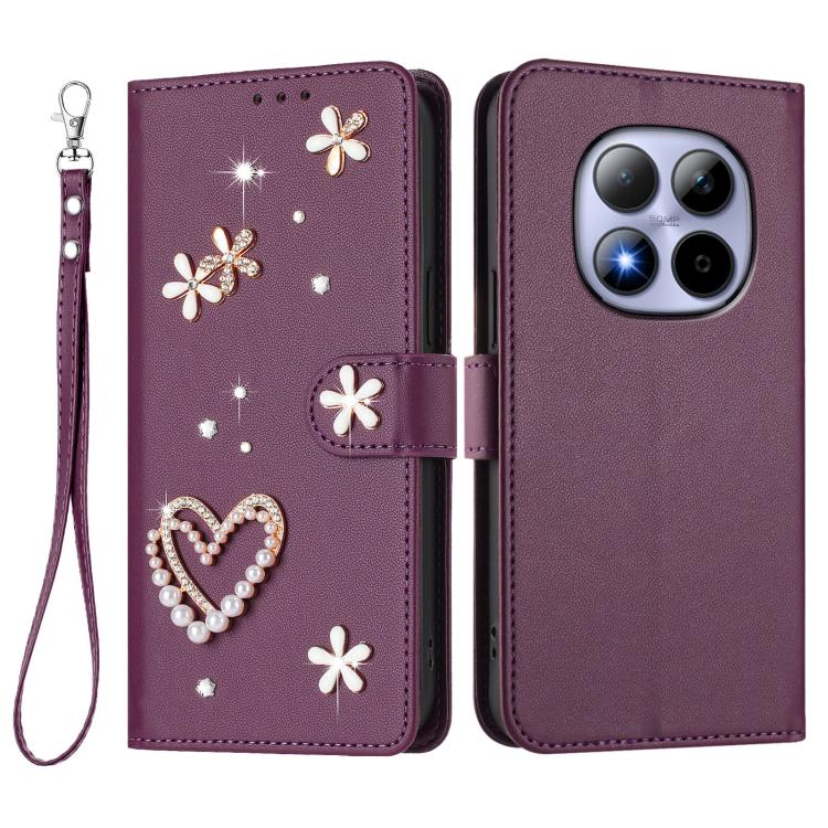 For Redmi Note 15 Pro 4G Global 163.2mm ZS01 Double-Layer Heart Floral Vegan Leather Phone Case with Wrist Strap