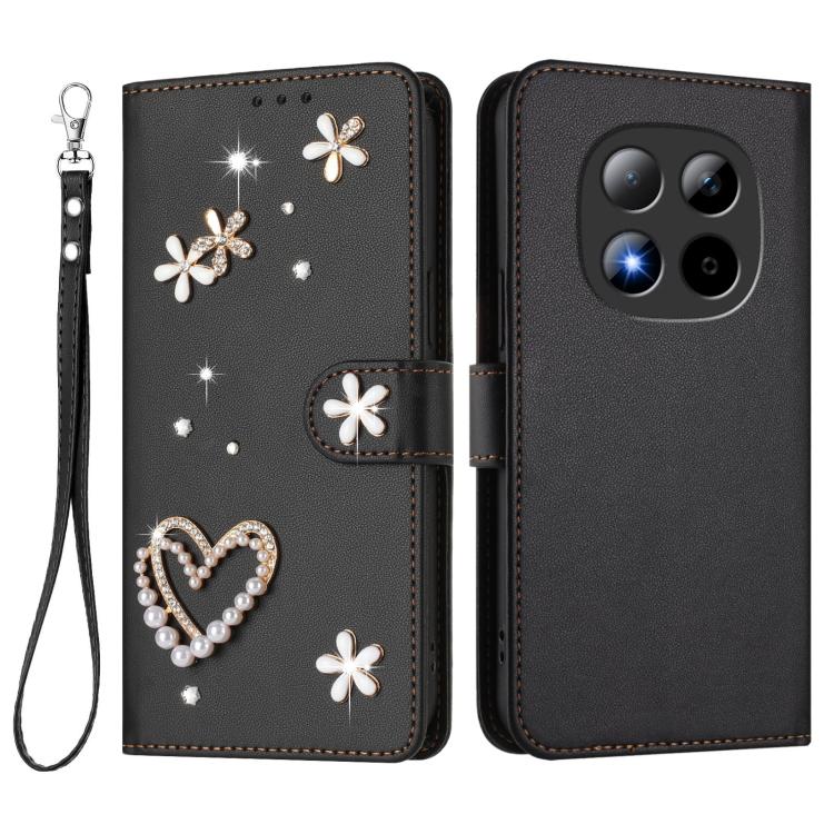 For Redmi Note 15 Pro 5G Global 163.6mm ZS01 Double-Layer Heart Floral Vegan Leather Phone Case with Wrist Strap