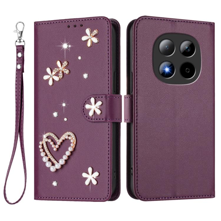 For Redmi Note 15 Pro 5G Global 163.6mm ZS01 Double-Layer Heart Floral Vegan Leather Phone Case with Wrist Strap