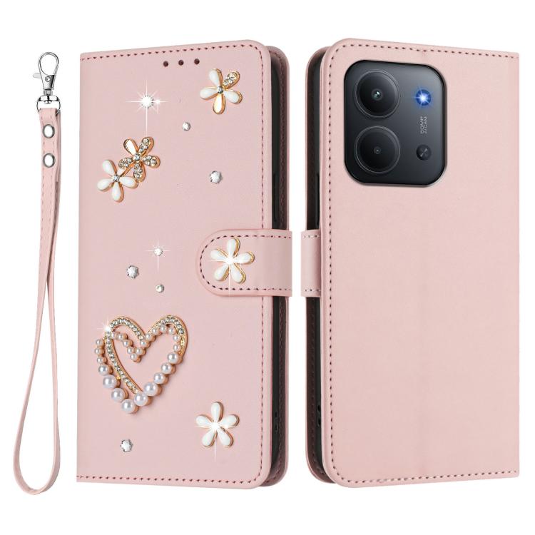 For Redmi 15C 5G / 4G EU 173mm / Poco C85 5G ZS01 Double-Layer Heart Floral Vegan Leather Phone Case with Wrist Strap