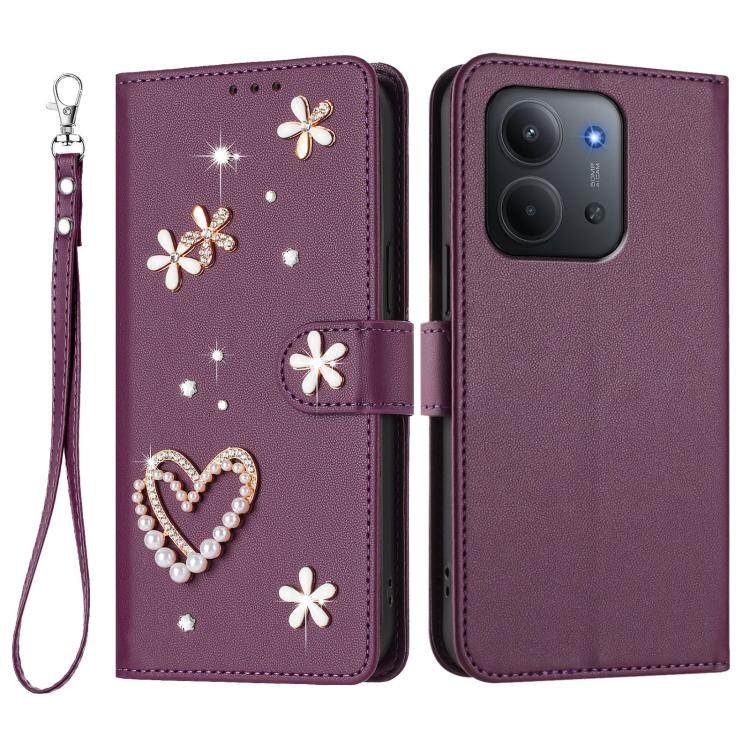 For Redmi 15C 5G / 4G EU 173mm / Poco C85 5G ZS01 Double-Layer Heart Floral Vegan Leather Phone Case with Wrist Strap