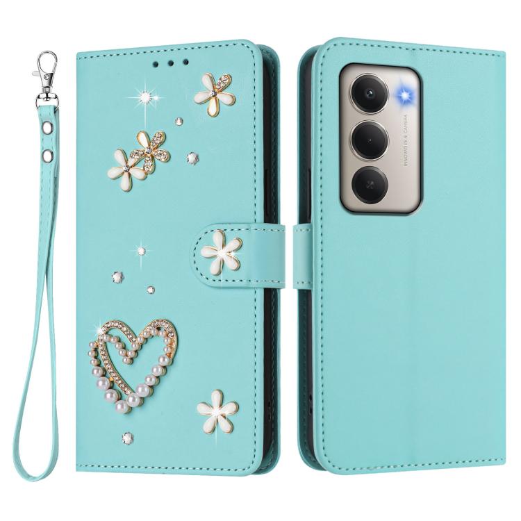 For Redmi 15 5G Global / 4G SEA 169.5mm ZS01 Double-Layer Heart Floral Vegan Leather Phone Case with Wrist Strap