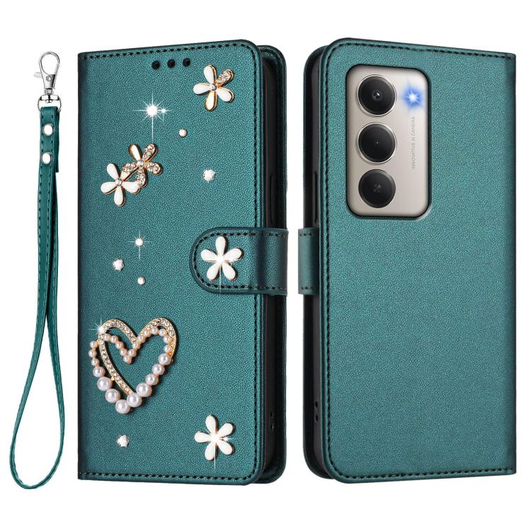 For Redmi 15 5G Global / 4G SEA 169.5mm ZS01 Double-Layer Heart Floral Vegan Leather Phone Case with Wrist Strap